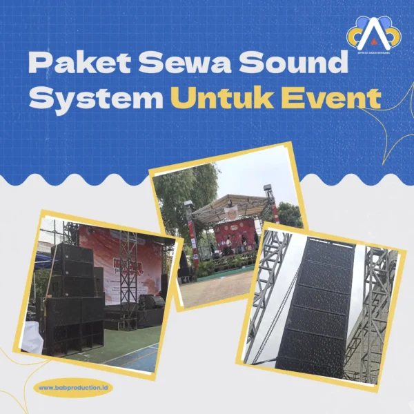 Paket Sewa Sound System Lengkap untuk Acara Besar "Nikmati kualitas suara maksimal dengan paket sewa sound system kami. Didesain khusus untuk acara besar seperti konser, seminar, dan pesta pernikahan, paket ini menghadirkan suara jernih dan bass yang kuat. Sempurna untuk menghidupkan suasana!